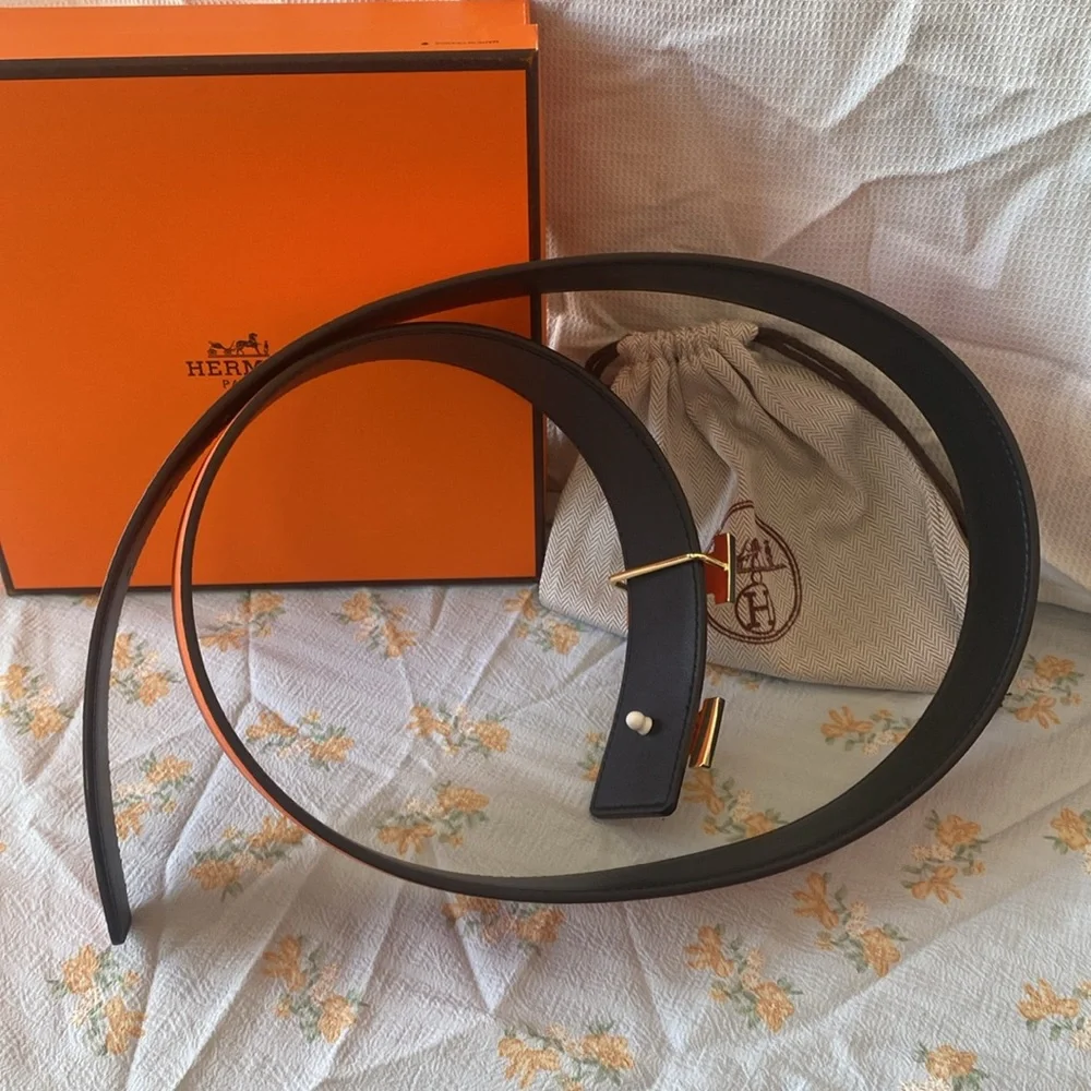 Double Sided Belt Metal Belt H Buckle Hermes Orange/Black
